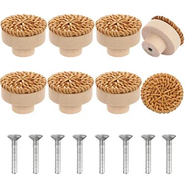 Imagem de BENBO Puxadores de cômoda de vime, 8 conjuntos de puxadores redondos de madeira feitos à mão vime tecidos decorativos puxadores de armários puxadores para cozinha casa decoração de armário de móveis boêmios (8 puxadores e 8 parafusos)