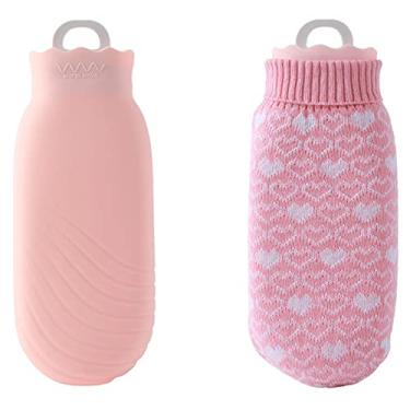 Imagem de Garrafa de água quente com capa de malha macia grande clássica livre de BPA bolsa de água quente para pescoço, dor no ombro e aquecedor de pés de mão, cólicas menstruais, compressa quente e terapia fria, rosa, 240ml