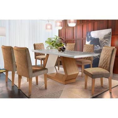 Imagem de Conjunto: Mesa Sala Jantar Alvorada Tampo Madeirado c/ Vidro 180cm Canto Reto + 6 Cadeiras Jade Imbuia/Chocolate - Rufato