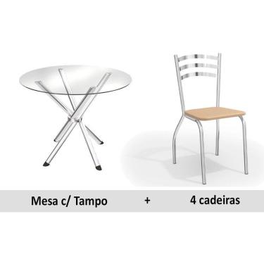 Imagem de Conjunto: Mesa Sala Jantar Volga c/ Tampo Vidro 95cm + 4 Cadeiras Portugal Cromado/Courano Nude - Kappesberg
