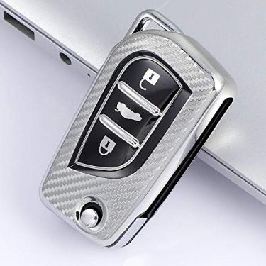 Imagem de YJADHU 3 botões de fibra de carbono TPU capa de chave de carro, apto para Toyota Auris Corolla Avensis Verso Yaris Aygo Scion TC IM 2015 2016 Camry RAV4, prata
