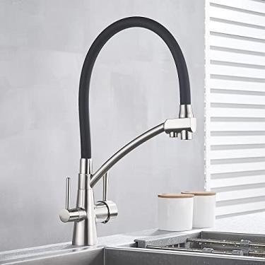 Imagem de Torneira quente e fria torneira da pia da cozinha torneira misturadora de filtro de água pura guindaste alças duplas cozinha de purificação, mangueira preta escovada, tamanho único