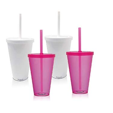 Imagem de Kit 4 Copos com Tampa e Canudo Branco e Rosa