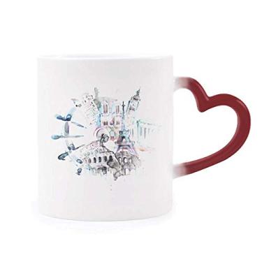 Imagem de Caneca Globe Big Ben Torre Eiffel Pintura Aquarela Sensível ao Calor Caneca de Grés Mudança de Cor Vermelha