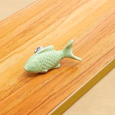 Imagem de Puxadores de cerâmica em forma de peixe de gaveta para armário de cozinha, puxadores de armário, maçanetas, ferragens para móveis, verde