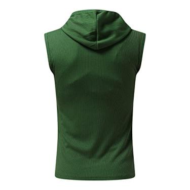 Imagem de Camiseta masculina P moda masculina casual botão colete com capuz top respirável sem mangas elástico justo chinelo, Verde, XXG