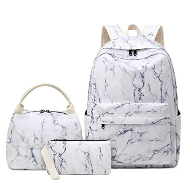 Imagem de Ankexin Mochila escolar de mármore fofa para meninas, meninos, adolescentes, conjunto de laptop, mochila de almoço, bolsa de lápis, mochila escolar