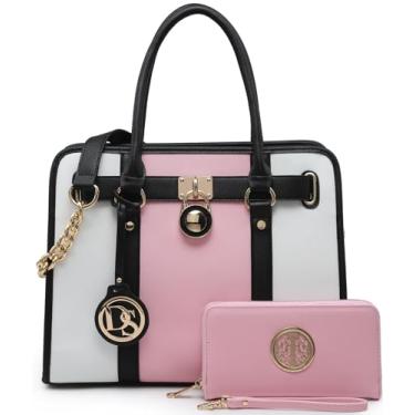 Imagem de Dasein Bolsa de mão de dois tons, bolsas femininas de couro vegano, bolsa grande com alça de carteira/corrente combinando, A3 rosa e branco com carteira combinando, Medium