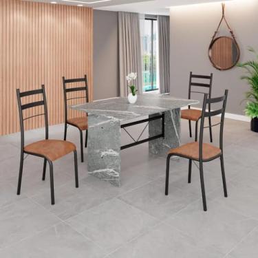 Imagem de Conjunto Sala de Jantar Mesa Retangular 120x75cm Tampo Granito Topázio 4 Cadeiras Marselha C. Marrom/Preto Fosco