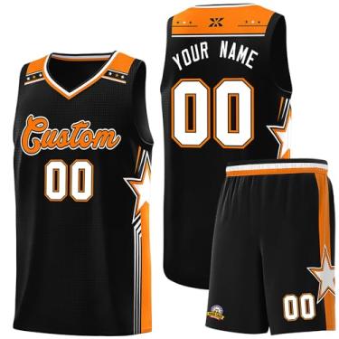 Imagem de Camiseta de basquete personalizada com logotipo de número de nome, regata e shorts estampados personalizados para homens mulheres jovens, 11. preto/laranja/branco, One Size