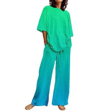 Imagem de Conjunto de 2 peças de linho de algodão para mulheres, roupas de verão, camisetas tie-dye, calças de perna larga, roupas de trabalho e negócios, Verde menta, Medium