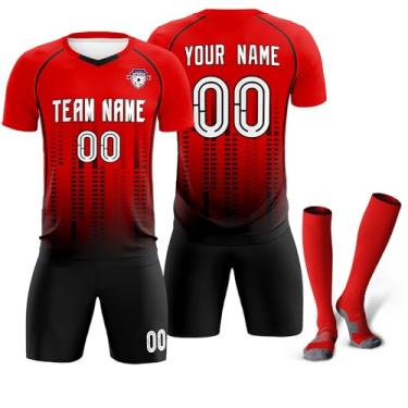 Imagem de Camisa de futebol personalizada uniforme de treino de futebol impresso logotipo com número de nome para crianças adultas, Vermelho e preto-35, One Size