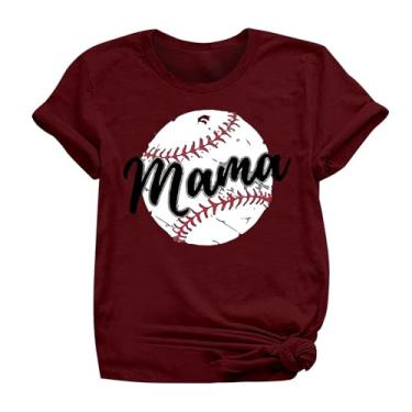 Imagem de PKDong Camiseta de beisebol mamãe beisebol camiseta gola redonda camiseta manga curta tops femininos 2024 modernos tops femininos, Vinho, XXG