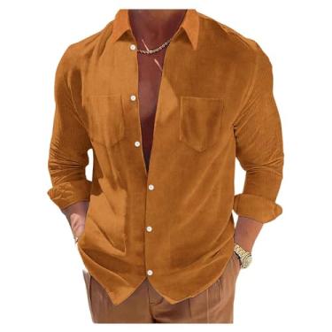 Imagem de Camisas casuais masculinas de veludo cotelê manga comprida com bolso abotoado lapela gola camisetas de negócios, Marrom-escuro, P