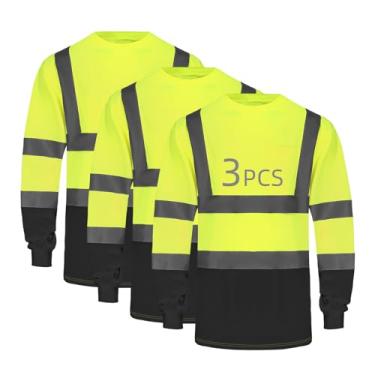 Imagem de wefeyuv Camiseta de segurança manga comprida refletiva de alta visibilidade respirável para construção de armazém de trabalho classe 3, Amarelo/preto, M