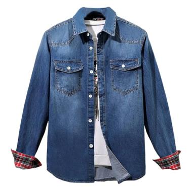 Imagem de Camisa jeans masculina de manga comprida, ajuste solto, cor gradiente, gola aberta, bainha reta, Azul, XG