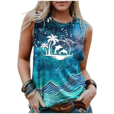 Imagem de Camiseta regata feminina On Cruise Time coqueiro para férias de verão, sem mangas, casual, praia, praty, camiseta estampada, Azul marinho, GG