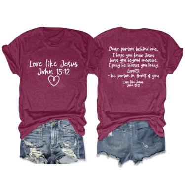 Imagem de LOTUCY Camisetas cristãs para mulheres: Camiseta Love Like Jesus Faith Dear Person Behind Me Faith Scripture Graphic Tees, Roxo escuro, M
