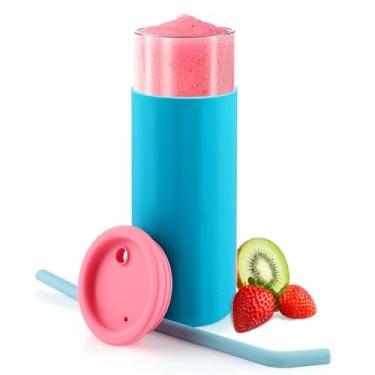 Imagem de E SUPEREGROW Copo de vidro com tampas e canudo, copo de café gelado de vidro garrafa de água com manga protetora de silicone, copo reutilizável fofo para smoothie - livre de BPA (azul)