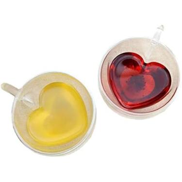 Imagem de Xícara de café de vidro em forma de coração, conjunto de 2 vidros de parede dupla em forma de coração, xícaras de chá com leite cappuccino com alça, xícaras de café de parede dupla para sorv