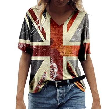 Imagem de Camiseta de verão feminina bandeira dos EUA gola V blusas Dia da Independência 4 de julho camiseta túnica sair, Bege, GG