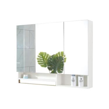 Imagem de Armário de remédios para banheiro, espelho grande de 3 portas com armazenamento e toalheiro, dobradiças de porta macias