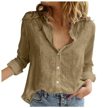Imagem de Lainuyoah Camisas de botão femininas de linho com manga de enrolar 2024 blusa de verão estampada na moda solta trabalho de escritório lapela tops, C - Marrom, G