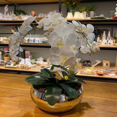 Imagem de Arranjo Grande Centro de Mesa 3 Orquídeas Branca 3d Vaso Espelhado