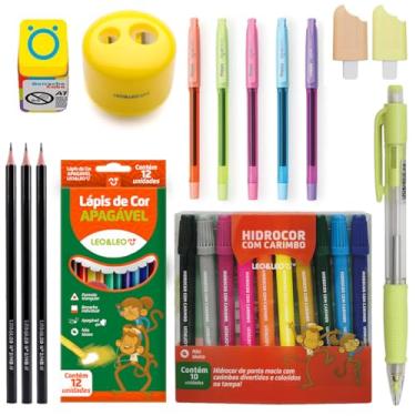 Imagem de Kit de Material Escolar Completo Canetinha com Carimbo Lapis de cor Apagável Canetas Gel - Leo e Leo (Amarelo)