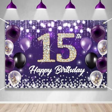 Imagem de Faixa de fundo de feliz aniversário de 15 anos com tema roxo com diamante brilhante nobre elegante festa de aniversário fotografia cabine de apoio para meninos e meninas celebração 179,8 x 120 cm-