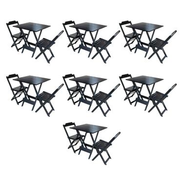 Imagem de Kit 7 Conjuntos de Mesa Dobravel com 2 Cadeiras de Madeira 70x70 para Restaurante e Bar - Preto