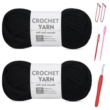 Imagem de Conjunto de 2 fios, fios pretos de crochê de tricô, kit de fios para crochê, fita de algodão, bola de fios de tricô