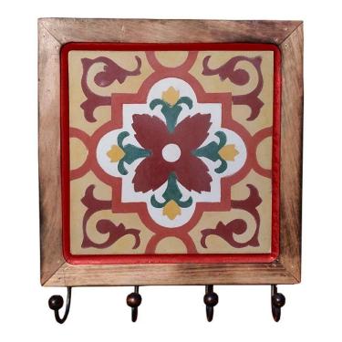 Imagem de Cabideiro Em Madeira Com Ladrilho Hidráulico Porta Chaves Roupas Bolsas Ladrilho A5