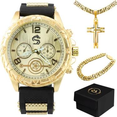 Imagem de Relogio masculino banhado ouro + cordão + pulseira dourado social ajus