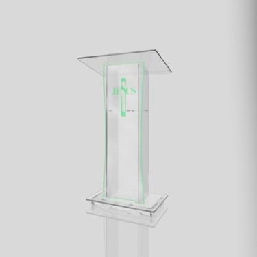 Imagem de Púlpito em Acrílico para Igreja e/ou Eventos com Gravação e Led grátis Mod. Rute Transparente (Tradicional, Moderna ou Sem Gravação) Cores em Led. (Grav. "Jesus" Moderno, LED VERDE)