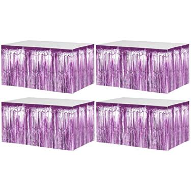Imagem de Pacote com 4 saias de mesa com franja metálica de 73 x 272 cm para mesas retangulares casamento aniversário dia da independência feriado festa havaiana decoração (roxo claro)
