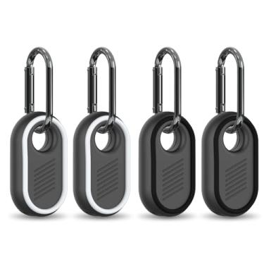 Imagem de [Pacote com 4] Capa BIQIRE para Samsung Galaxy Smart Tag 2, capa resistente à prova d'água de silicone macio antiderrapante com chaveiro, para chaves, bagagem, animais de estimação (preto e branco)