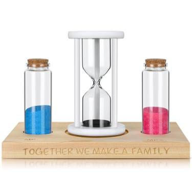Imagem de Arrowbash O conjunto de cerimônias de areia da Wedding Unity inclui 1 ampulheta de areia, 1 bandeja de madeira para casamento, 2 cilindros de vidro, 2 conjuntos de areia de cores vibrantes, kit de