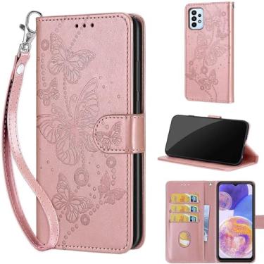 Imagem de Capa carteira projetada para Samsung Galaxy A23 5G, capa flip feminina com suporte de couro PU em relevo, compartimentos para cartões de crédito, alça de pulso, capa para celular para Samsung A23