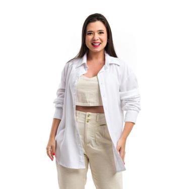 Imagem de Camisa Feminina de Linho Oversized - Restrito Jeans, G, Branco