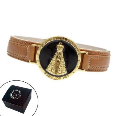 Imagem de Pulseira de Couro Caramelo N.SRA Aparecida Fundo Preto - Granado Acess