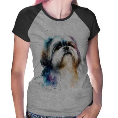 Imagem de Baby Look Raglan Cachorro Shih Tzu Watercolor - Foca na Moda, Cinza, P