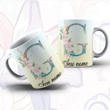 Imagem de Caneca Porcelana Alfabeto Floral Glitter Personalizada Com Inicial E N