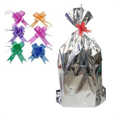 Imagem de Kit 50 Saco Metalizado Presente 60X90 Com Fita Laço Facil - Xingó