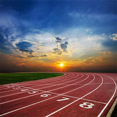 Imagem de Laeacco 2,4 x 2,4 m Crepúsculo Pista de Corrida Cenário Vinil Fotografia Fundo Vermelho Pista Grassland Atletismo Jogo Linha de Partida Pôr do Sol Crianças Retrato Estúdio Foto