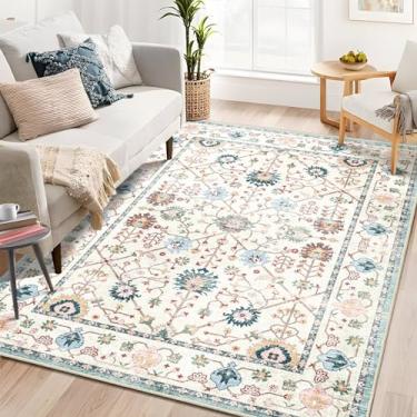 Imagem de MUJOO Tapetes laváveis para sala de estar, quarto, cabeceira, azul boho, antiderrapante, vintage, macio, azul-petróleo e rosa