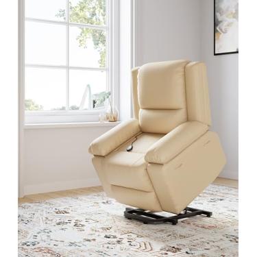 Imagem de GarveeHome Cadeira reclinável de couro com massagem e calor para idosos, cadeiras reclináveis com bolsos para sala de estar (bege, médio)
