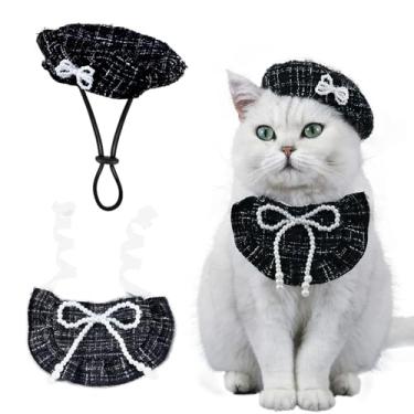 Imagem de HOWWFALY Fantasia de princesa de animais de estimação, fantasias de Natal, fantasia de aniversário, gato, gato, fantasia de festa de cachorro com gravata borboleta de pérola, chapéu de boina, lenço