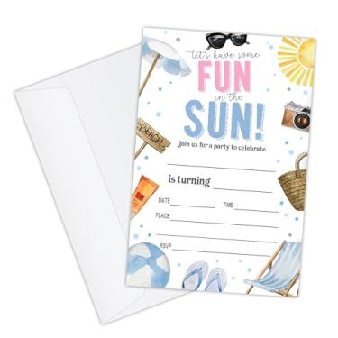 Imagem de GaNiao 20 Convites de festa de aniversário de verão na praia para crianças, meninas, meninos, adolescentes, vamos nos divertir no sol, festa de praia, convites de aniversário, decorações de artigos de