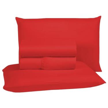 Imagem de Jogo de Lençol Casal 400 Fios Micro Percal Toque Aveludado 4 Peças Roupa de Cama com Elástico e Fronhas (Vermelho)